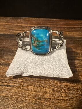 Sterling silver cuff bracelet rectangle turquoise stone 925